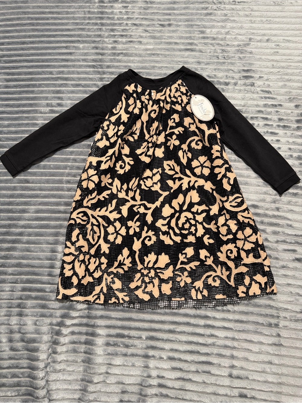 Frenchie Mini Couture Girls 3T Black & Beige Floral Overlay Dress NWT